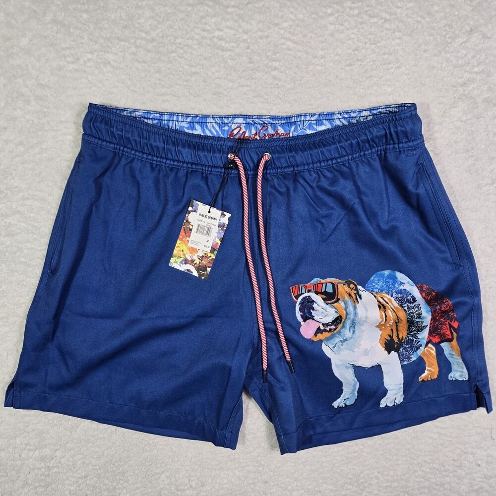Robert Graham Mens Medium Bulldog Lined Blue Swim Board Shorts Swim Trunks M